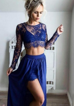 A-line Two Piece Royal Blue Prom Dresses With Side Split