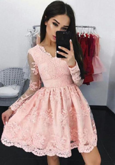 Long Sleeves Blush Pink Lace Short Homecoming Dresses