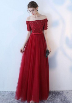 Off shoulder burgundy tulle long prom dress