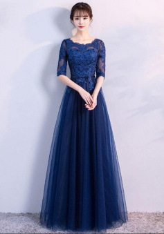 A Line Blue tulle lace long prom dress