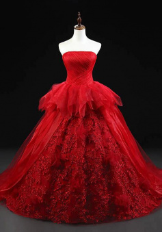 Mermaid Strapless Ball Gown Red Tulle Prom Dress