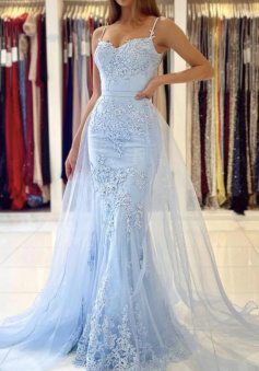 Mermaid Open Back Light Blue Lace Prom Dress