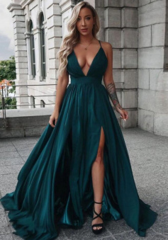 Simple green deep v neck long prom dress