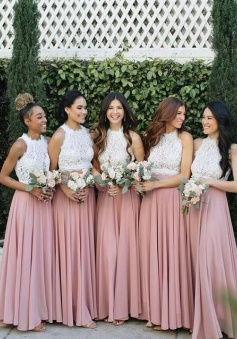 A Line Halter Two Piece White and Pink Chiffon Bridesmaid Dresses