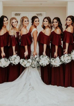 Off the Shoulder A Line Burgundy Chiffon Bridesmaid Dress