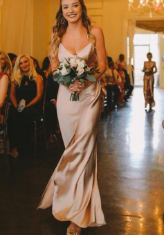 Light Champagne V Neck Silk Satin Long Prom Dresses with Slit