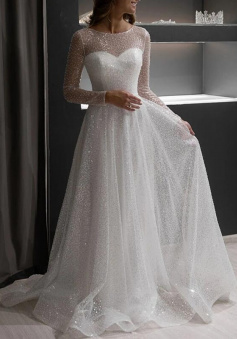 A-Line Round Neck Long Sleeves White Sequins Bridal Gowns