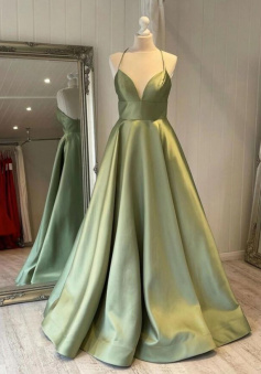 A Line V Neck Sage Green Satin Long Prom Dresses with Pockets