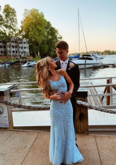 Mermaid Cross Back Sky Blue Tulle Lace Prom Dresses