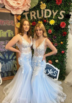 Mermaid Sky Blue Long Prom Dresses with Appliques