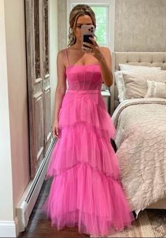 Beatiful Princess Hot Pink Tiered Tulle Long Prom Dress