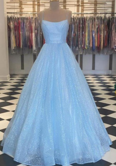 Sparkly A Line Long Blue Prom Evening Dresses