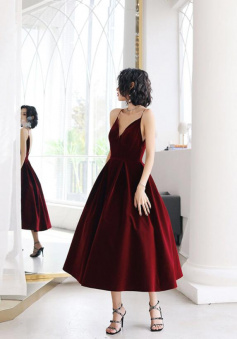 Cute Burgundy velvet short prom dress