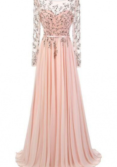 Elegant A-line Scoop Floor Length Pink Chiffon Evening Dress With Long Sleeves