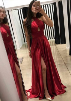 A-Line Floor-Length Cross Neck Dark Red Prom Dress