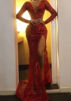 Sexy Long Sleeve Red Sequin Evening Dresses