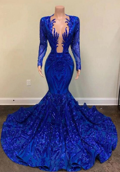 Mermaid Royal Blue Sequin Prom Dresses For Party
