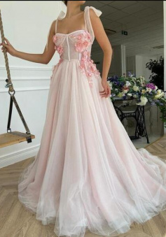 A Line Long Pink Tulle Prom Dress