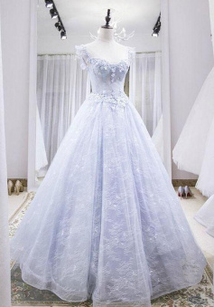 A Line tulle lace long prom dress