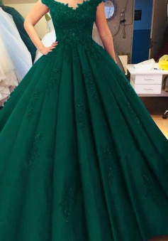 Elegant A LIne Green Tulle Prom Dress With Lace Ball Gown Quinceanera Dresses