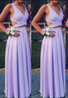 A Line V Neck Two Piece Lavender Prom Dress