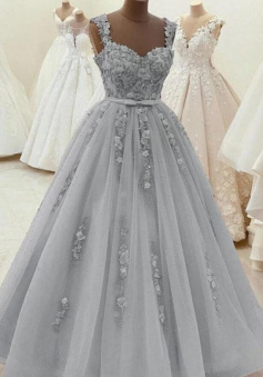 Sweetheart Neck Beaded Gray Floral Lace Evening Dress