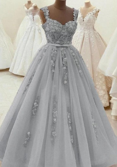 Sweetheart Neck Beaded Gray Floral Lace Evening Dress