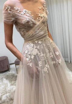 Charming Light champagne tulle lace long prom dress