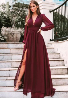 A Line Burgundy Split Slit Prom Dress With Long Sleeves