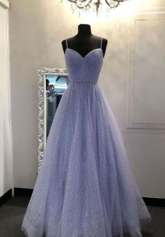 Floor Length sweetheart tulle sequin long blue formal dress