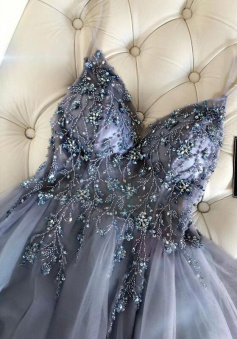 Sexy Spaghetti Straps Luxury Grey Tulle Beading Prom Dresses