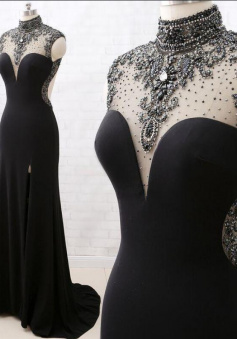 Sexy High Neck Jersey Black Split Evening Dresses with Beaded