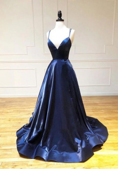 Spaghetti Straps A Line Navy Blue Long Prom Dresses