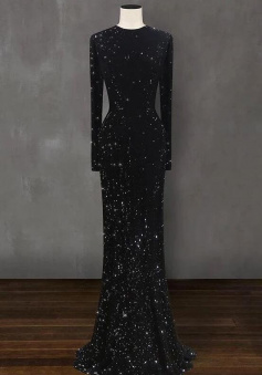 Elegant Round Neck Long Sleeves Black Sequin Evening Dress
