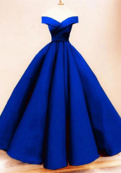 Off Shoulder Floor Length Royal Blue Satin Prom Dresses