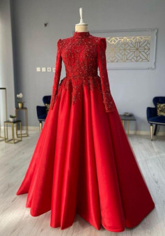 Floor Length Red Stain Lace Prom Dresses With Long Sleeves