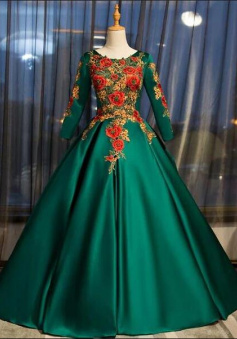 A Line Dark Green Satin Ball Gown Prom Dresses