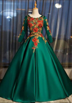 A Line Dark Green Satin Ball Gown Prom Dresses
