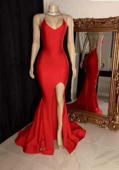 Simple Mermaid Spaghetti Straps Red Prom Dresses