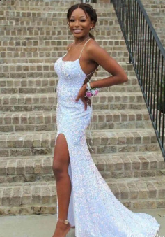 Mermaid Split Sequin Prom Dresses With Cross Back