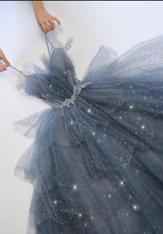 A Line Blue Tulle Ball Gown Formal Prom Dress