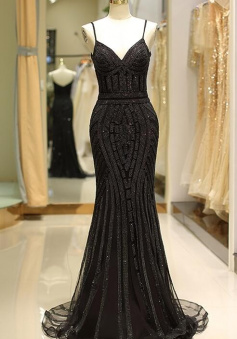 Spaghetti Straps Mermaid Sequined Black Prom Dresses