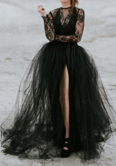 A Line Tulle Lace Black Boho Wedding Dresses With Long Sleeves