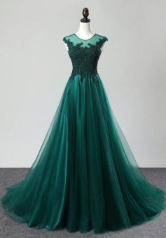 Mermaid Deep Green Tulle Sweep Train Formal Prom Dress With Lace