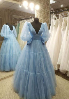 Elegant Blue Tulle Prom Dress,