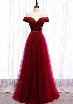 Elegant red tulle formal prom dress