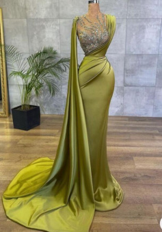 Mermaid Light Olive Green Stain Prom Dresses with Beading