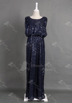 Decent Bateau Sleeveless Floor-Length Navy Sequins Bridesmaid Dress with Sideslit