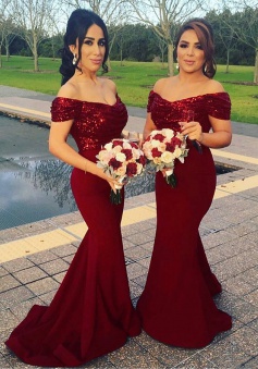 Mermaid Off Shoulder Sweep Train Dark Red Bridesmaid Dress with Sequins