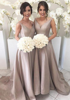 Simple V-neck Sleeveless Hi Low Sweep Train Silver Bridesmaid Dress